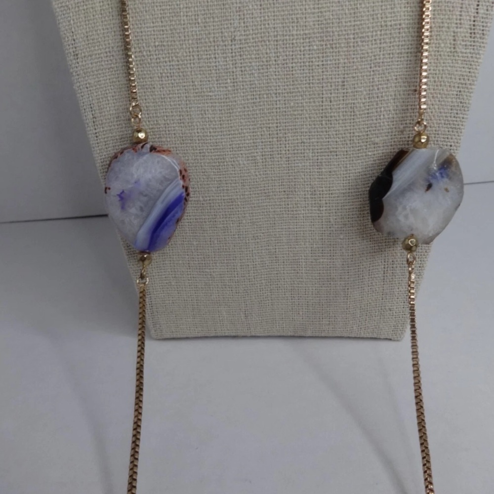 Geode Slice Necklace Long Gold Tone Chain 34” Polished Stone Statement Pendant